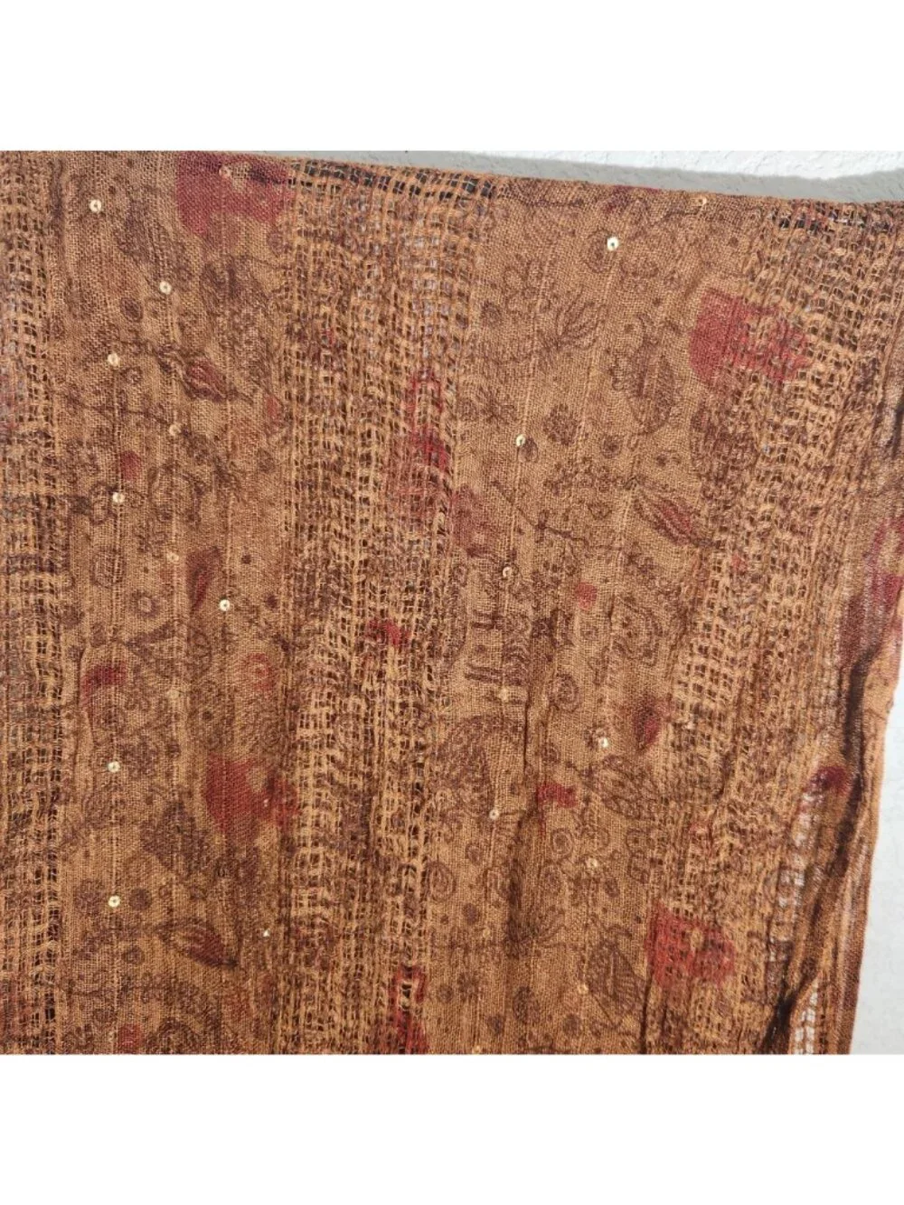 Lightweight Brown Paisley Sequin Scarf With Fringe Detail - Made In India - 100%